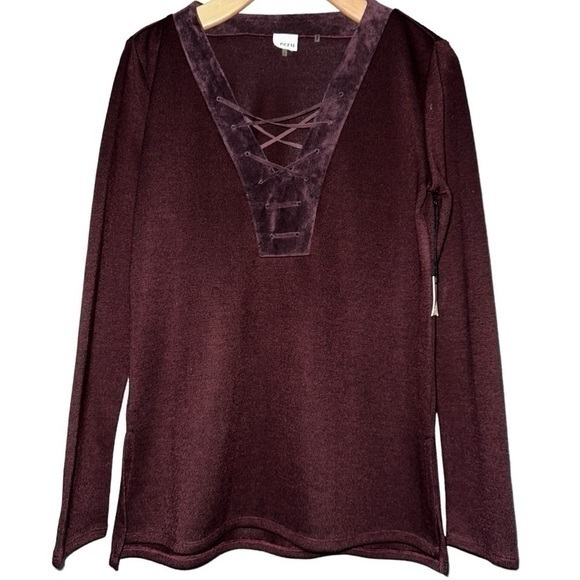 Ecru Women’s Size S Deep Burgundy Wine Ribbed Knit Lace Up V-Neck Top Sweater - Picture 1 of 6